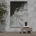 Black and White Abstract Painting Featuring Wavy Lines as Indoor Wall Art with Plant Accents