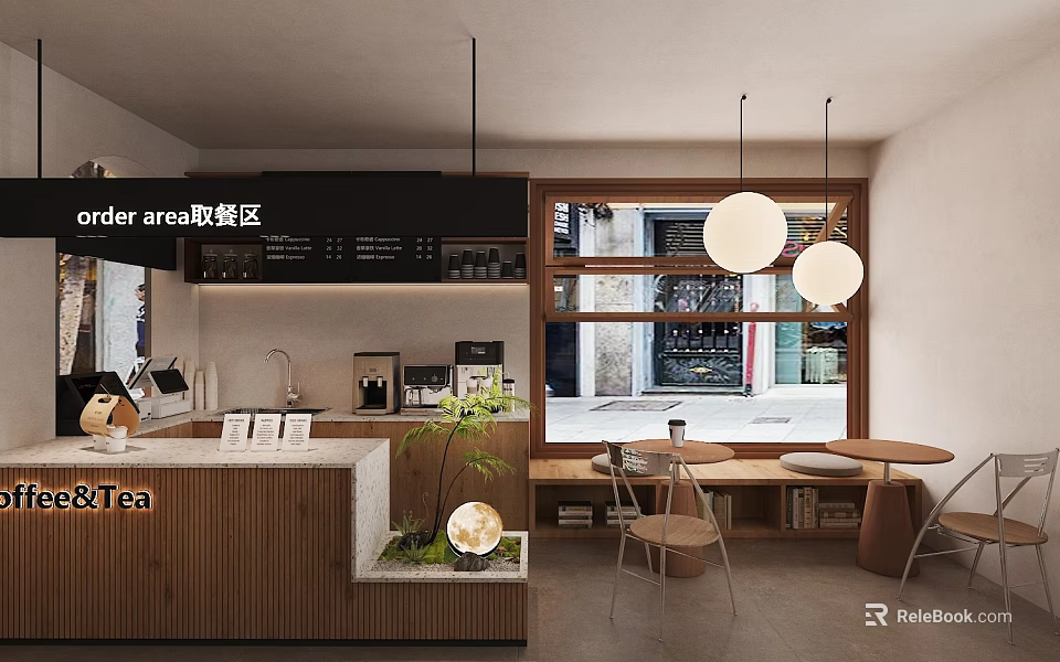 Modern Cafe Interior With Order Area Wooden Counter Tea Options And Hanging Lights 3d model 