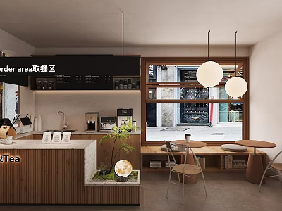 Modern Cafe Interior With Order Area Wooden Counter Tea Options And Hanging Lights 3d model