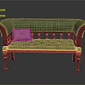Green Leather Sofa Bench With Red Wooden Armrests Tufted Details And Light Cushion