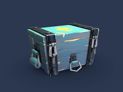 Blue Wooden Chest With Metal Accents And Yellow Top Emblem Design 3d model