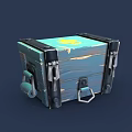 Blue Wooden Chest With Metal Accents And Yellow Top Emblem Design
