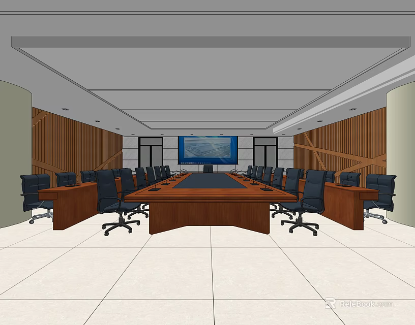 Modern Conference Room With Long Table Black Chairs Large Screen Wooden Walls Light Tile Floor 3d model 