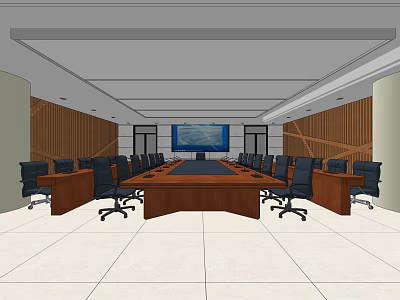 Modern Conference Room With Long Table Black Chairs Large Screen Wooden Walls Light Tile Floor 3d model