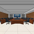 Modern Conference Room With Long Table Black Chairs Large Screen Wooden Walls Light Tile Floor