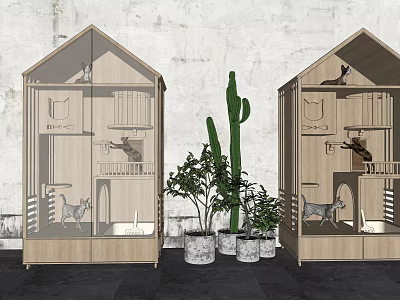 Wooden Cat House Design With Transparent Door Multi Level Structure And Indoor Plants 3d model