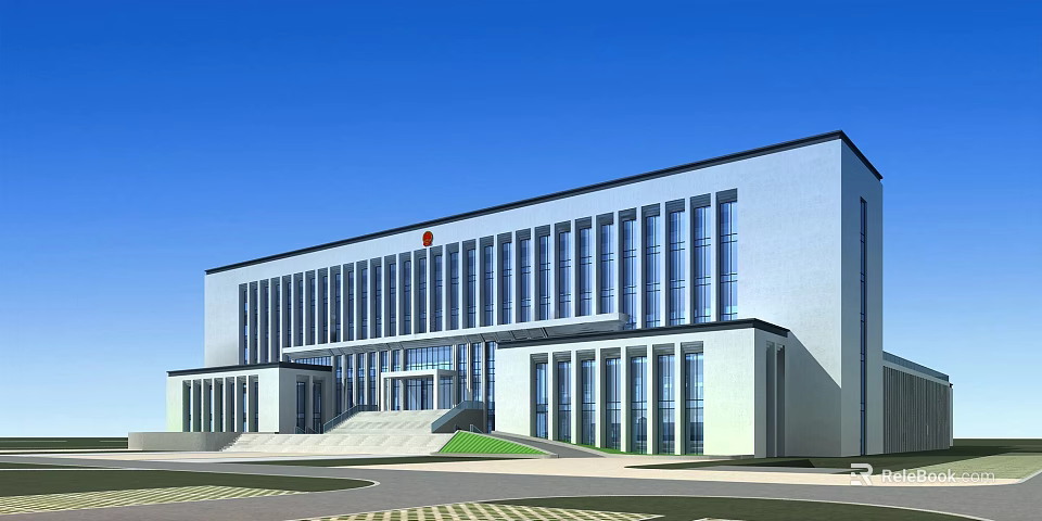 White Modern Office Building with Large Windows Red Emblem on Top Front Steps and Lawn 3d model 
