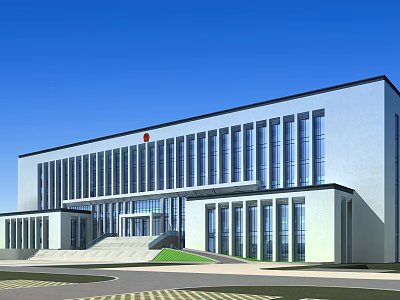 White Modern Office Building with Large Windows Red Emblem on Top Front Steps and Lawn 3d model