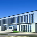 White Modern Office Building with Large Windows Red Emblem on Top Front Steps and Lawn