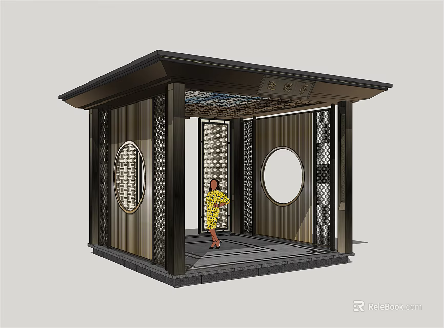 Traditional Chinese Pavilion Featuring Wooden Frames Circular Windows And Black Roof Design 3d model 