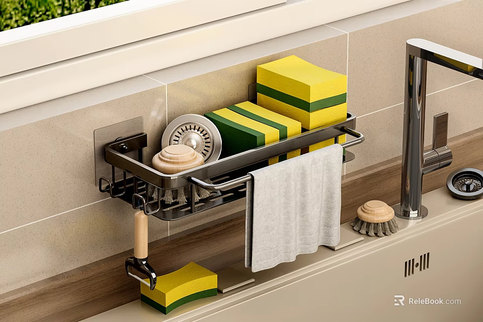 Practical Kitchen Organizer Rack With Yellow Green Sponges White Plate Grey Towel Wooden Handle Utensils 3d model 