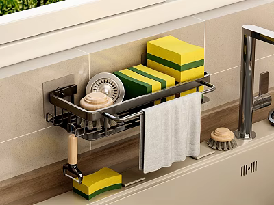 Practical Kitchen Organizer Rack With Yellow Green Sponges White Plate Grey Towel Wooden Handle Utensils 3d model