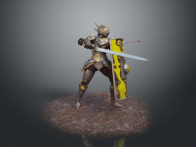 Medieval Armored Knight Holding Sword And Decorative Shield Standing On Gravel Ground 3d model