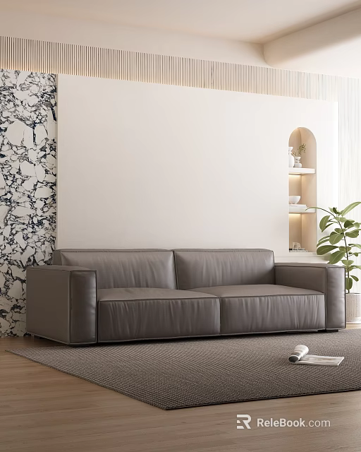 Modern Gray Leather Two Seater Sofa With Marble Wall Arched Niche And Green Plant 3d model 