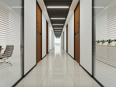 Office Corridor With Wooden Doors White Louvered Panels Natural Light And Light Colored Tiled Floor 3d model