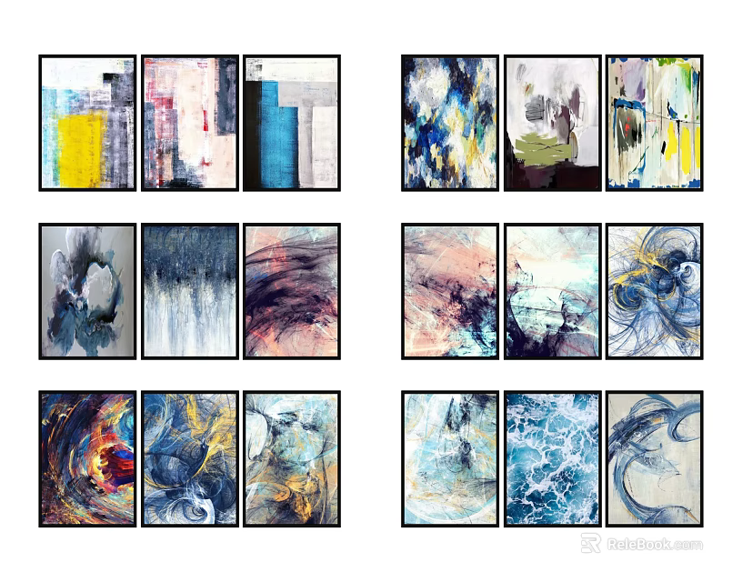 Modern Abstract Oil Paintings Triptychs With Colorful Brush Strokes And Diverse Styles 3d model 