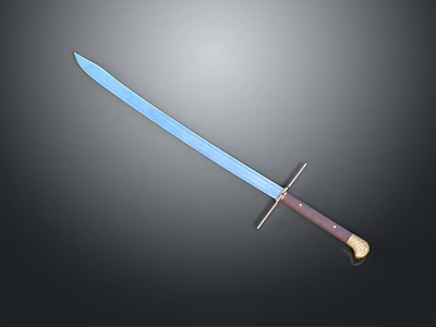Long Bladed Weapon With Blue Steel Blade And Wooden Handle On Dark Background 3d model