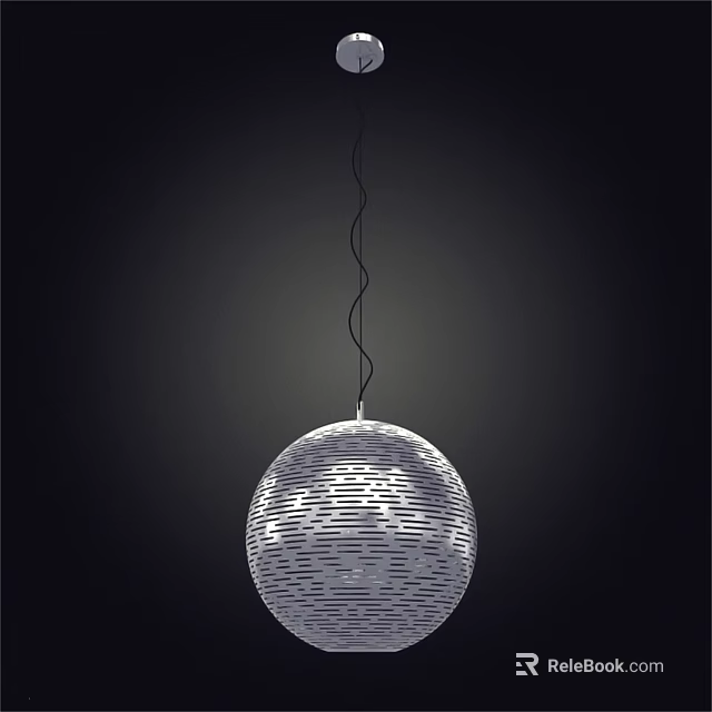 Modern Spherical Striped Metal Pendant Light with Black Hanging Cord in Dark Background 3d model 