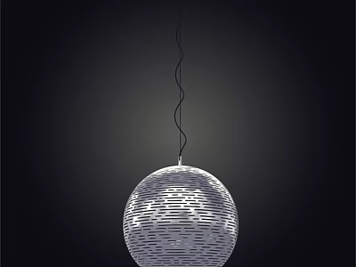 Modern Spherical Striped Metal Pendant Light with Black Hanging Cord in Dark Background 3d model