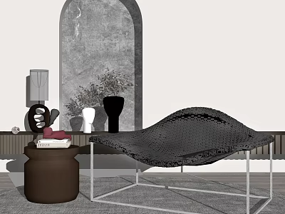 Minimalist Black Woven Accent Chair With Metal Frame And Side Table Near Arched Wall 3d model