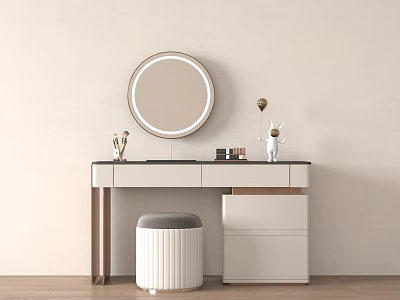 Modern White Dressing Table With Round Mirror Stool And Decorative Items 3d model