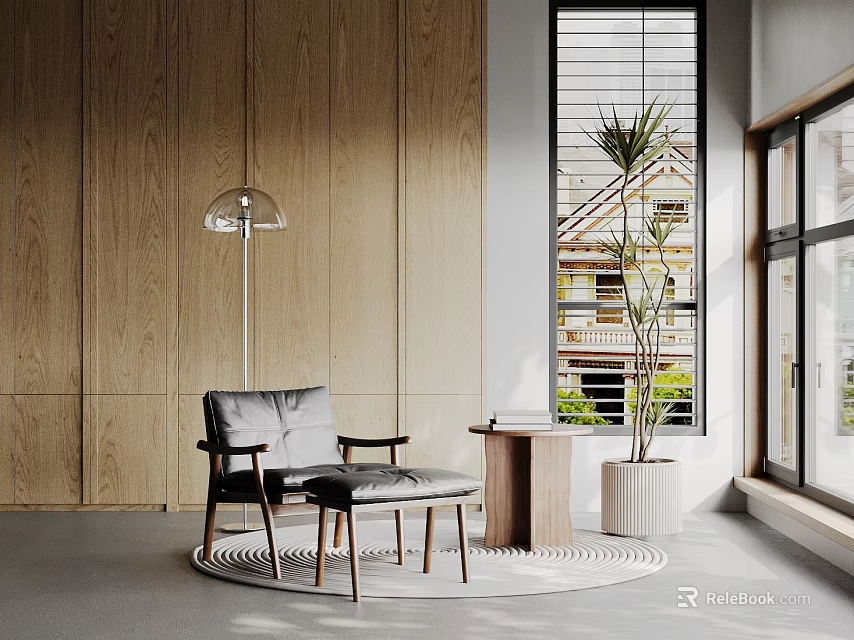 Gray Leather Leisure Chair With Wooden Legs Near Side Table And Floor Lamp By Window 3d model 