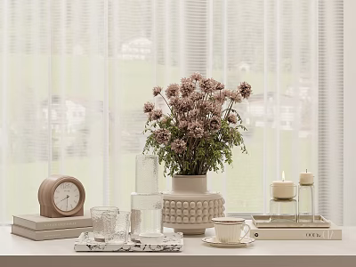 Decorative Ornament Set With Dried Flowers Vase Clock Books Candles Teacup And Tray On Table 3d model