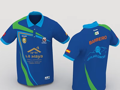 Blue Polo Shirt With Green Stripes Front La Maya Logo And Back Barber Text 3d model