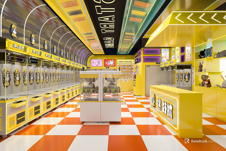 Colorful Amusement Park Arcade Featuring Claw Machines Neon Lights Yellow Decor And Checkered Floor 3d model 