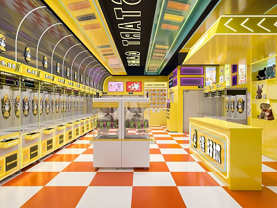 Colorful Amusement Park Arcade Featuring Claw Machines Neon Lights Yellow Decor And Checkered Floor 3d model