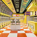 Colorful Amusement Park Arcade Featuring Claw Machines Neon Lights Yellow Decor And Checkered Floor