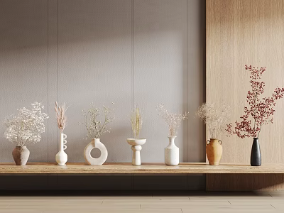 Various Shaped and Colored Vases with Dried Flowers on Wooden Shelf Against Gray Wall 3d model