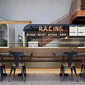 Modern Steak Restaurant Interior With Mezzanine Floor Metal Railings Gray Walls And Lighting