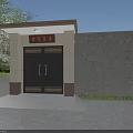 Traditional Chinese Entrance Gate With Double Doors Roofed Porch Gray Wall And Trees