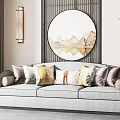 Light Gray Three Seater Sofa With Multiple Decorative Pillows Round Landscape Wall Art And Plants