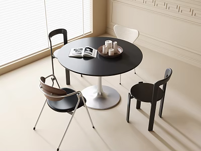 Modern Black Round Dining Table With Mixed Design Chairs And Bright Window Light 3d model