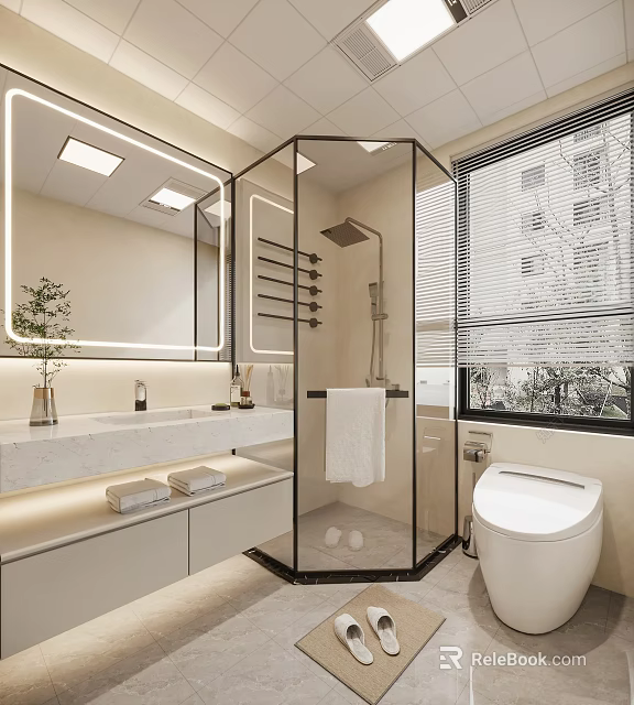 Modern Bathroom Interior With Glass Shower Enclosure Large Mirror And Marble Countertop 3d model 