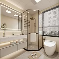 Modern Bathroom Interior With Glass Shower Enclosure Large Mirror And Marble Countertop