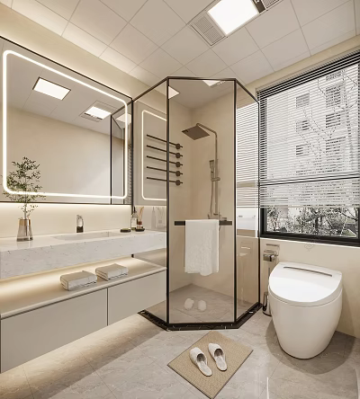 Modern Bathroom Interior With Glass Shower Enclosure Large Mirror And Marble Countertop 3d model