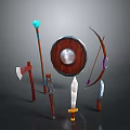 Fantasy Medieval Weapons Display Featuring Shield Axe Sword Bow Staff And Dagger 3d model