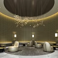 Modern Hotel Public Lounge Area With Curved Seats Small Tables Grid Walls And Dark Flooring