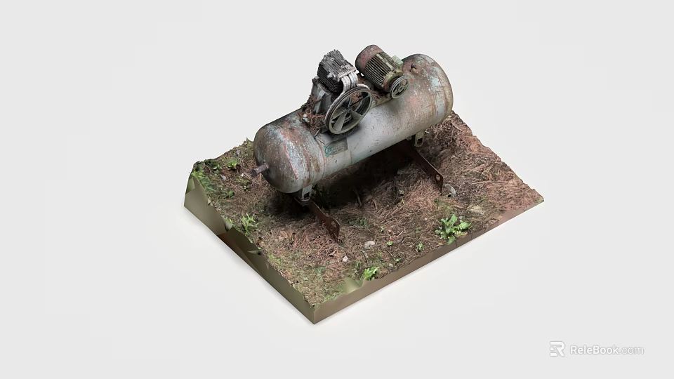 Rusty Old Industrial Air Compressor Model on Dirt Base With Weeds 3d model 