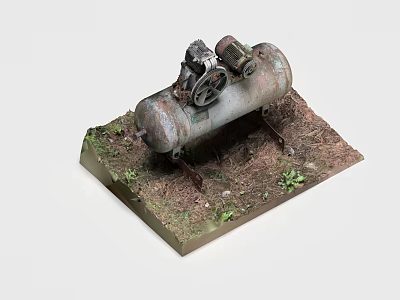 Rusty Old Industrial Air Compressor Model on Dirt Base With Weeds 3d model