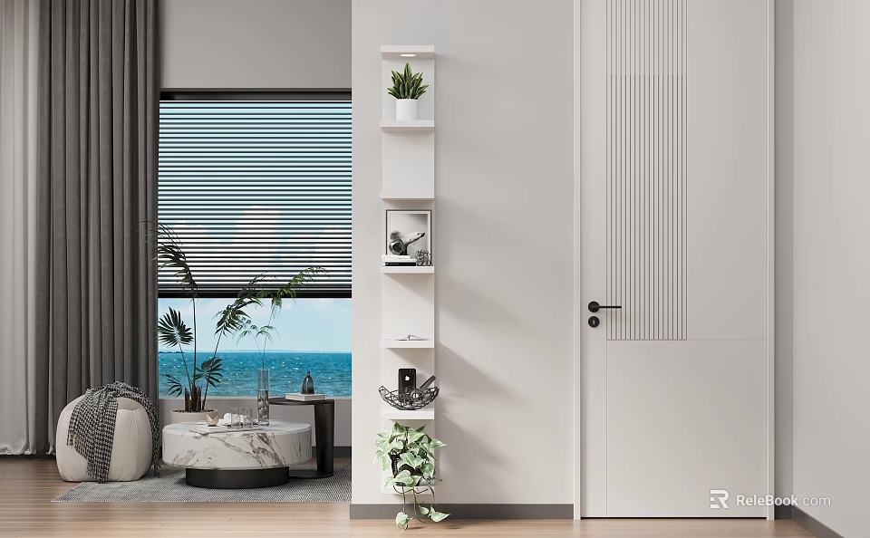 Modern Minimalist Living Room With White Floating Shelf Holding Green Plants And Decorative Pieces 3d model 