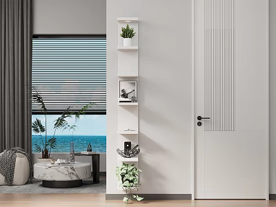 Modern Minimalist Living Room With White Floating Shelf Holding Green Plants And Decorative Pieces 3d model