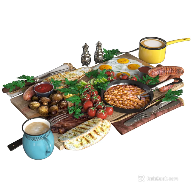 Traditional English Breakfast Platter With Fried Eggs Sausages Baked Beans Toast And Coffee 3d model 