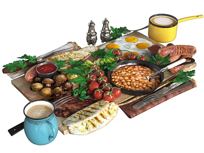 Traditional English Breakfast Platter With Fried Eggs Sausages Baked Beans Toast And Coffee 3d model