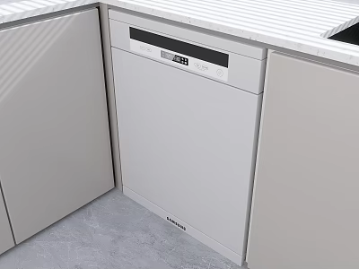 Modern Kitchen Interior With Light Gray Cabinets White Striped Countertop And Built in Dishwasher 3d model