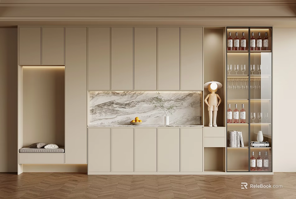 Elegant Modern Interior Design With Beige Cabinets Marble Backsplash And Glass 3d model