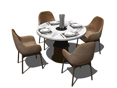 Round Marble Top Dining Table Set With Four Brown Upholstered Chairs Dark Base And Tableware 3d model